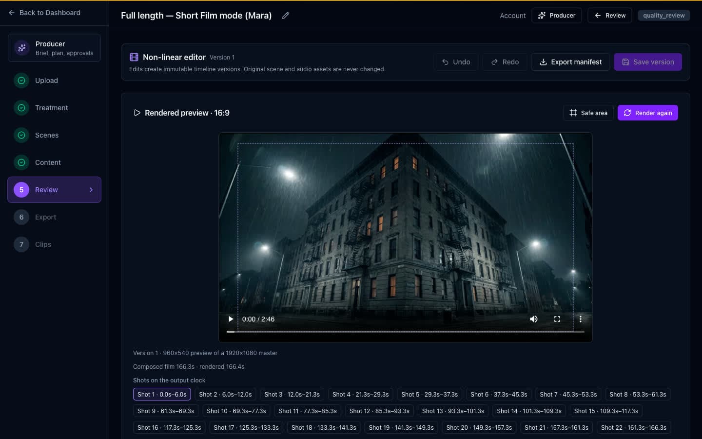 The non-linear editor showing a rendered 16:9 preview of the cut with the caption-safe area marked, noted as a 960x540 preview of a 1920x1080 master, above the 22 shots of the film listed on the output clock.