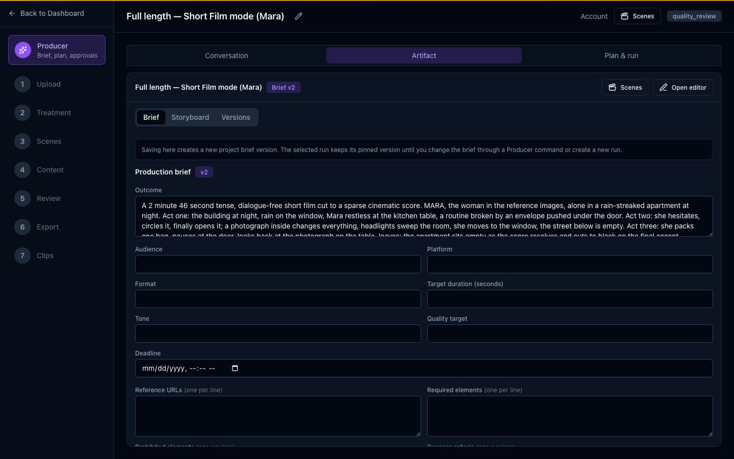 The Producer screen: a written brief, the plan it produced, a running task graph, the decisions taken during the run, and the budget for it.