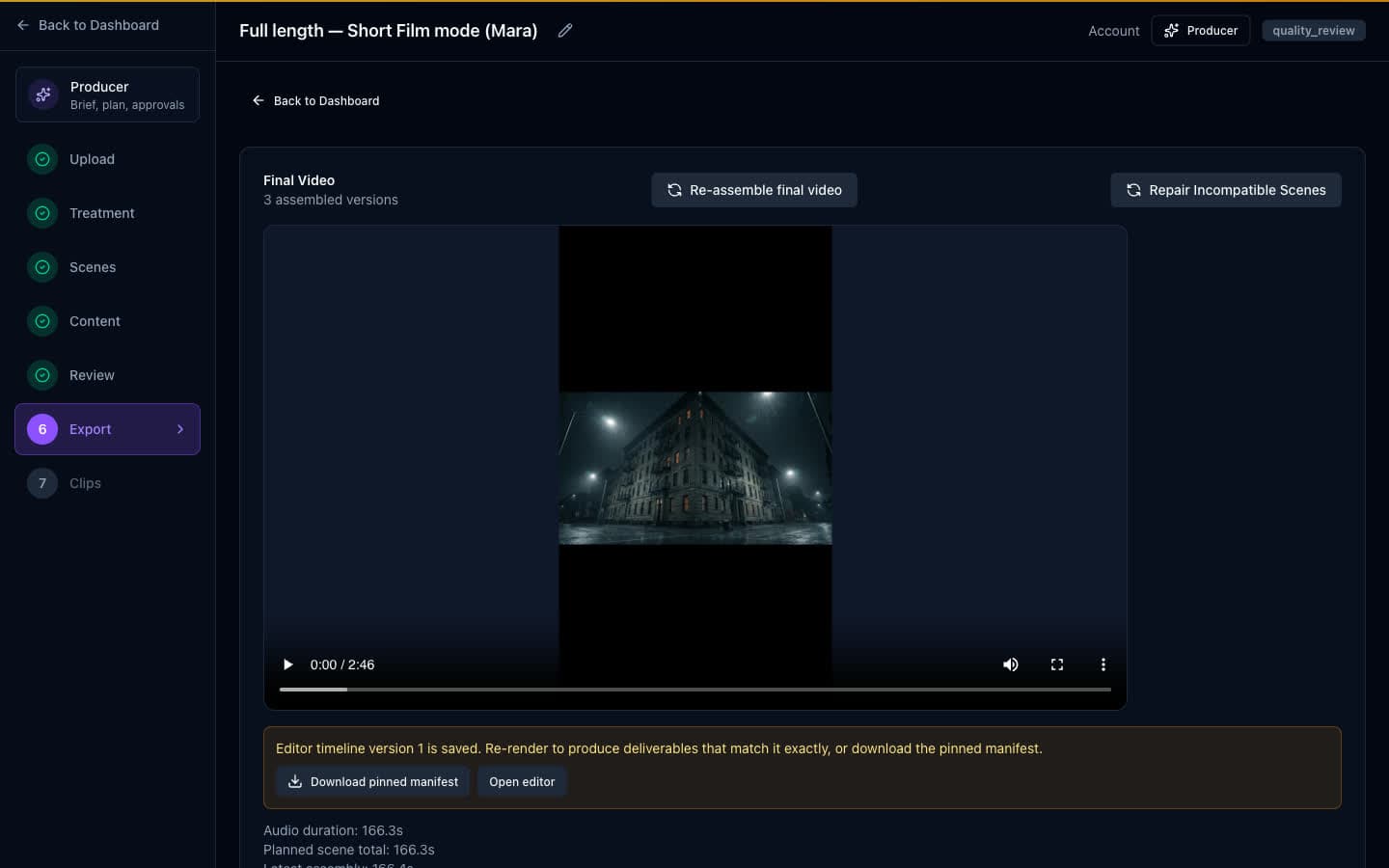 The Publish panel on the export screen: the deliverable being published, its title and description fields, and the audience setting for the channel.